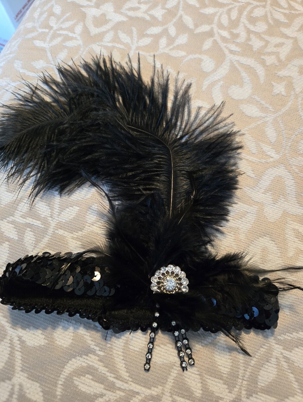 Black Sequin Feather Headband with Rhinestone Accent